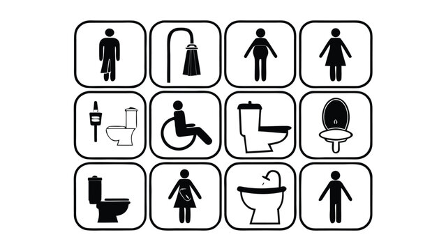 Public Restroom Icons Set, Toilet, Shower, Wheelchair, Baby, Trash Symbols Vector