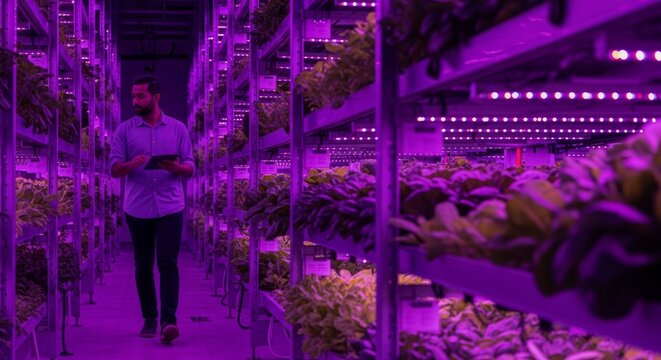 Agronomist with tablet in modern vertical farm under purple lights