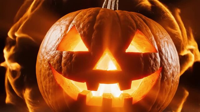 Glowing jack o lantern with carved face on dark background