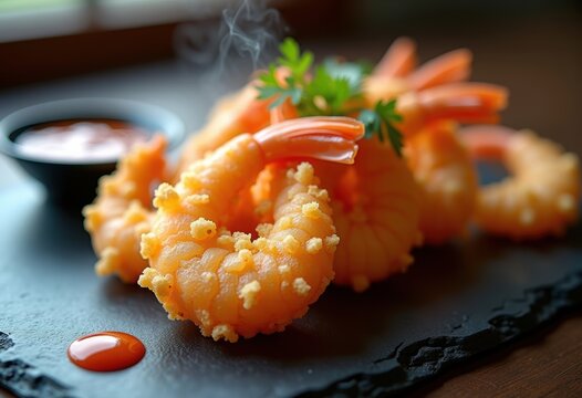 Crispy Shrimp Tempura on Dark Slate Serving Surface with Dipping Sauce Complement