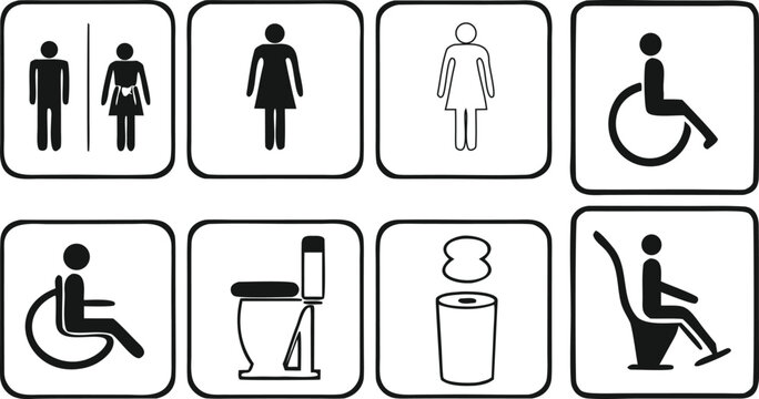 Public Restroom Icons Set, Toilet, Shower, Wheelchair, Baby, Trash Symbols Vector