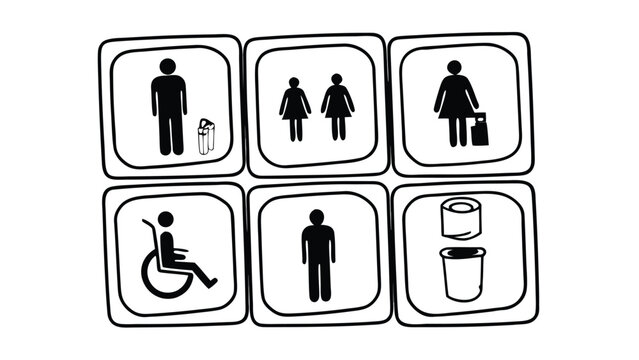 Public Restroom Icons Set, Toilet, Shower, Wheelchair, Baby, Trash Symbols Vector