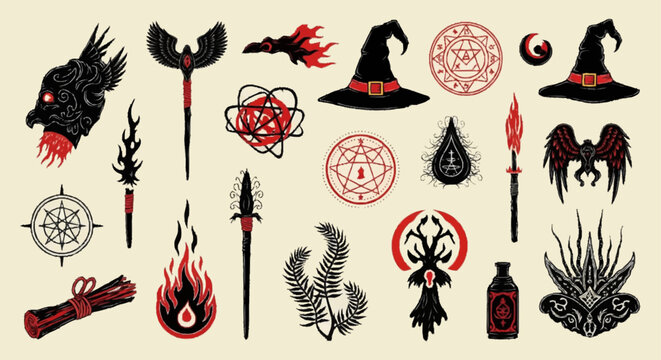 Collection of occult and witchcraft icons including black witch hats, red pentagrams, dark raven heads, winged staves, ritual torches, and esoteric sigils on a beige background.