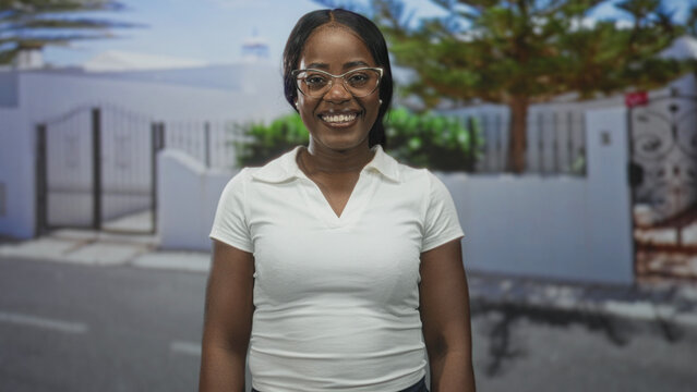 Woman wearing glasses smiles at camera, hands relaxed by sides, white polo in front of street gate and wall; confidence.