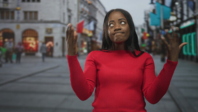 Woman in red sweater shrugs with hands raised, flipping fingers near face and pursing lips on a busy pedestrian street lined with shops and neon signs; indifference dismissal.