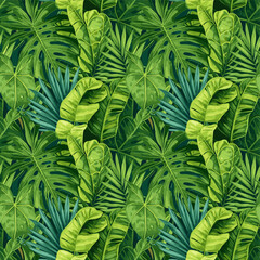 Seamless pattern of lush green tropical jungle leaves with various botanical shapes and textures. © Syaiin