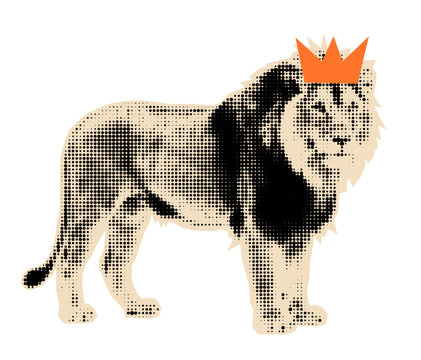 Lion halftone cutout. King of animals sticker for collages or mixed media design.