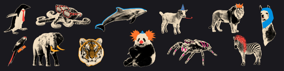Fototapeta premium Halftone animal cutout collage set.