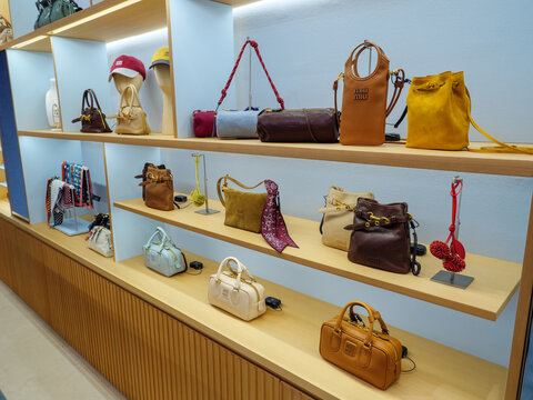 London, UK - March 16, 2026: miu miu women's handbags at Selfridges