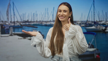 Fototapeta premium Young hispanic woman showing thumb up and open palm presenting a marina dock with moored sailboats and piers; approval positivity.