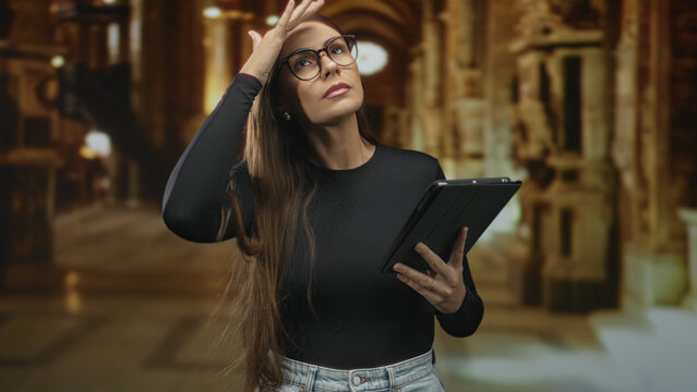 Woman holding tablet with hand to forehead in cathedral building corridor; frustration focus reading.