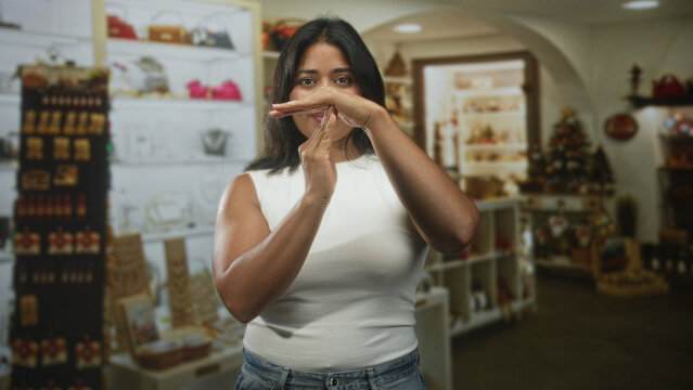 Woman makes timeout sign with hands near face, wearing white sleeveless top and jeans among shelves of a gift shop inside a building; boundary assertive.