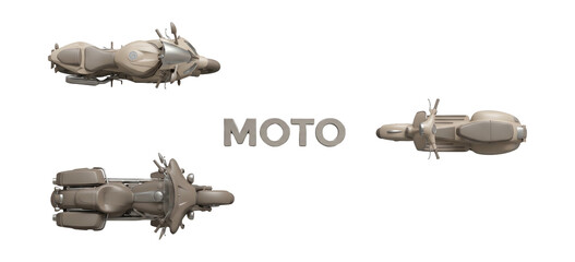 Naklejka premium Collection of various 3D motorcycle models from a top down perspective with MOTO text on white background