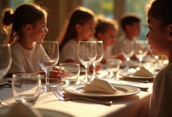 Obraz premium Mastering the Art of Table Etiquette: Children Arranging Place Settings with Precision and Care for a Formal Dinner