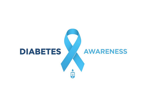 Diabetes Awareness typography with light blue ribbon and blood drop glucometer icon blue vector png on transparent background