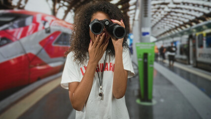 Fototapeta premium Teenage woman lifeguard with curly hair holds binoculars to eyes, hand to mouth surprise gesture on busy train station platform; curiosity exploration.