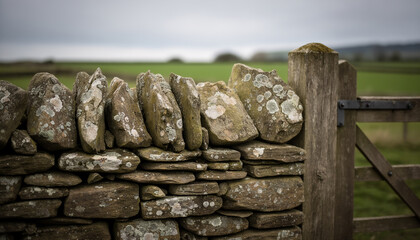 Close up of a traditional rustic dry stone wall covered in grey lichen and green moss with a weathered wooden gate post against a blurred green countryside field background © Alex & M Studio