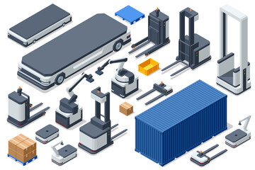Isometric warehouse automation set with autonomous robot, stacker, robotic arm, pallet and container. Industrial storage environment shows cargo handling, smart transport and supply chain workflow © Golden Sikorka