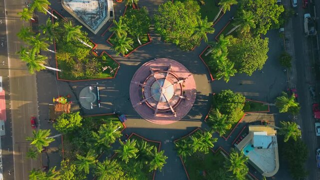 Pink Octopus Kiosk and Plaza de Armas Zenith Aerial Drone Travel Up from 100 to 200 Meters with Smooth Rotation Movement in the Historic Center of Tampico Tamaulipas Mexico