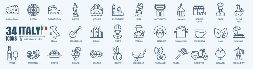 Italy and italian food minimal thin line web icon set. Outline editable icons collection. Simple vector illustration. © stockgood