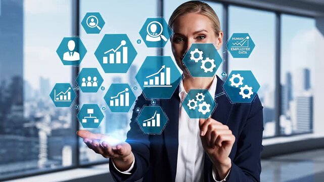 "Depict a business professional interacting with floating blue hexagonal icons, symbolizing digital transformation, business intelligence, and technology-driven decision-making in a modern cityscape."