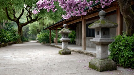 Obraz premium Japanese garden pathway lined with stone lanterns and cherry blossom trees, traditional wooden building visible in the background, serene outdoor setting