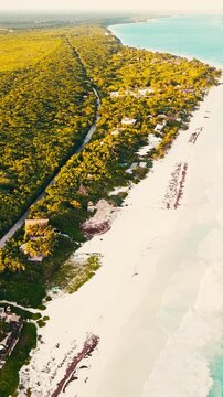 Aerial Drone View of Tulum Coastline at Sunset Caribbean Beach Riviera Maya Mexico