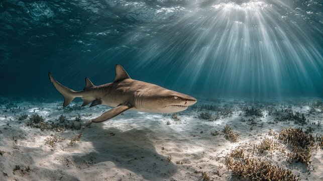 A detailed photograph of a nurse shark. Sun rays