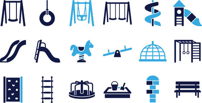 Set of playground equipment icons in blue and dark blue colors for parks and outdoor recreation.
