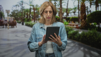Woman using tablet with hands tapping touchscreen while standing on street lined with palm trees and benches  urban digital concentration. © Krakenimages.com