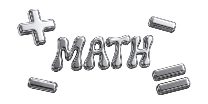 Floating 3D math symbols in polished liquid metal style with central text math on white background