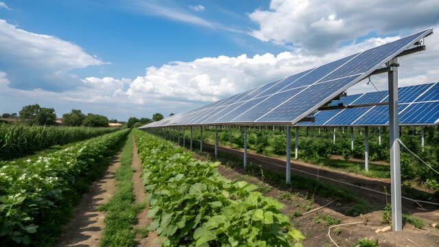 A large solar panel farm situated in a lush green agricultural field under a clear blue sky