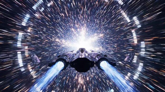 Futuristic Spaceship Traveling Through Hyperspace Tunnel at Warp Speed.