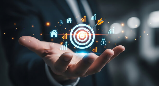Business person holding a glowing digital target with floating symbols of houses, money bags, and rising bar charts in their palm in a dark office environment