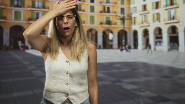 Woman with hand to forehead and glasses, sleeveless vest and jeans, standing in a sunlit street plaza with arcades and paving, appearing overheated; heat fatigue.