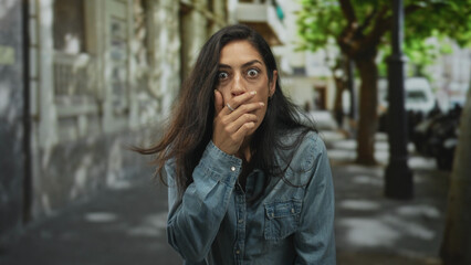 Fototapeta premium Woman with hand covering mouth and focused face on a city street in denim shirt, hair blowing, lamppost and trees in background; surprise.
