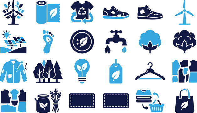 Eco friendly sustainable fashion icons for green clothing industry and apparel.