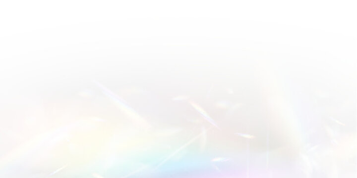 Abstract neon prism light on transparent PNG background. Soft holographic rainbow flare and refraction glow overlay. Clean vector crystal sparkle accents.