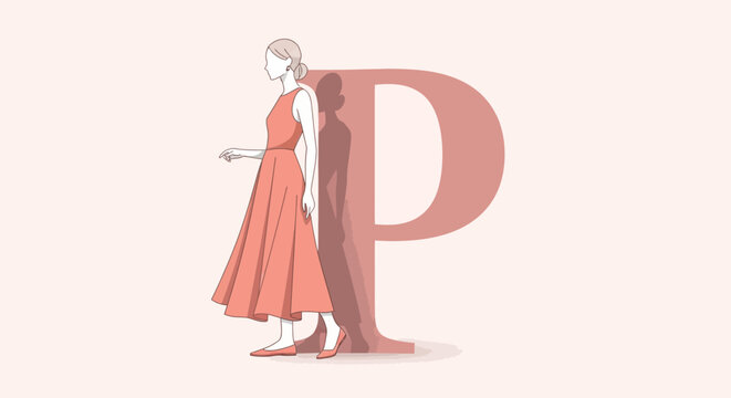 Woman in orange dress letter P.