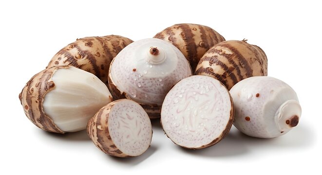 Taro root tubers on white background