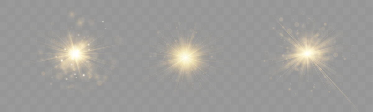 Collection of golden flare lights radiates soft glow. Dust particles float in cinematic atmosphere. Vector set for background design.