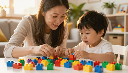 Naklejka premium A woman plays with a boy, both focused on building with colorful Lego bricks. The Lego bricks spread across the table, showcasing a variety of colors and shapes.