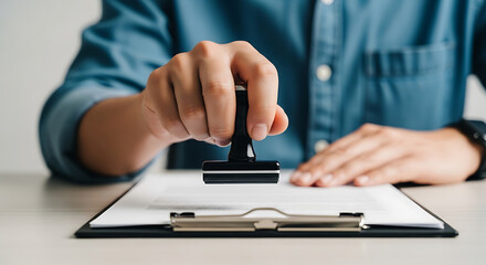 Fototapeta premium Close up of a person wearing a blue denim shirt using a black rubber stamp to mark a document on a clipboard held on a wooden desk in a bright office space