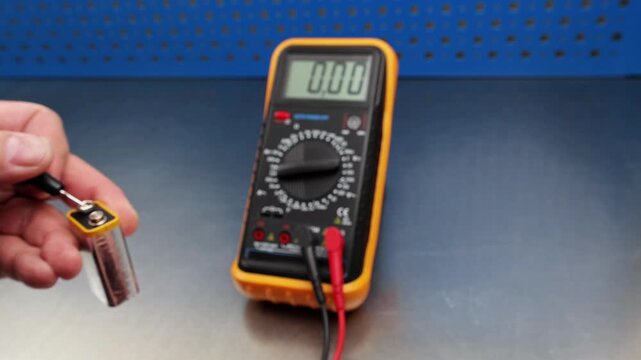Measuring the voltage of alkaline batteries using a digital multimeter.