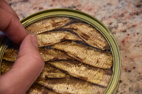 Conserve de Sprats, petites sardines, pos&eacute;e sur un plan de travail en pierre, avec une main en train de l'ouvrir 