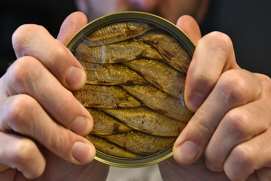 Conserve de Sprats, petites sardines, tenue dans les mains d'un homme, format paysage