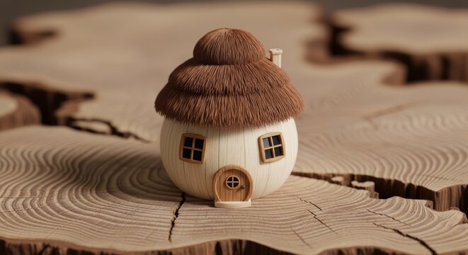 A whimsical, miniature onion-shaped house on a detailed tree trunk slice