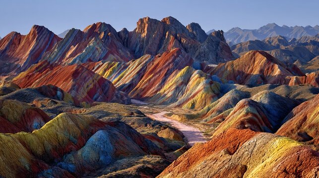 Rainbow mountain's amazing views and blue sky were seen at sunset. Zhangye Danxia National Geopark in China showed colorful hills and rocks worn down by sand.
