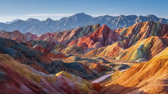 Rainbow mountain's amazing views and blue sky were seen at sunset. Zhangye Danxia National Geopark in China showed colorful hills and rocks worn down by sand.