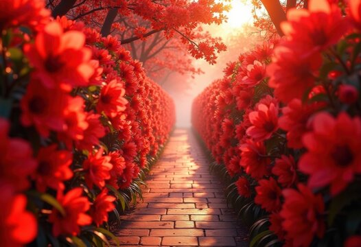 Blazing Avenue of Flamboyant Red Blossoms Exuding Profound Allure and Affection